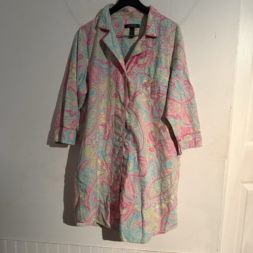 Ralph Lauren Paisley-Print Sleep Shirt Pastel Size XL Comfy Button Front